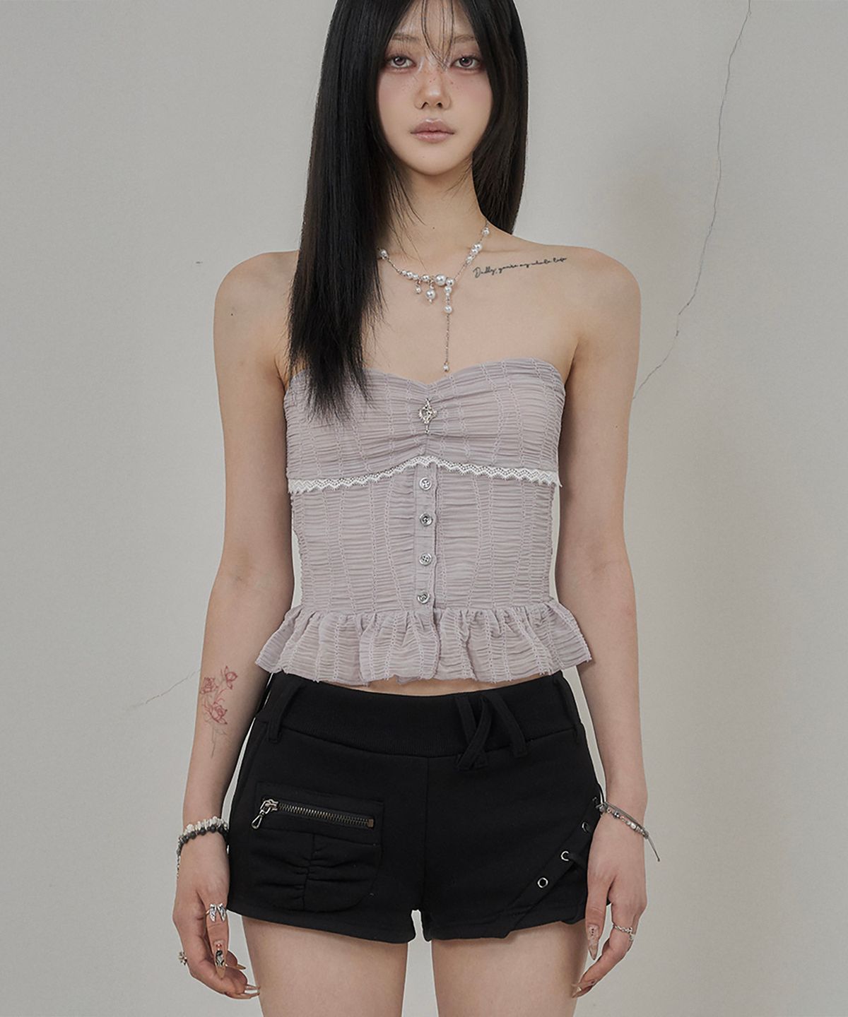 쇠아(SØAR) Shirring lace Tube Top (PURPLE GRAY)