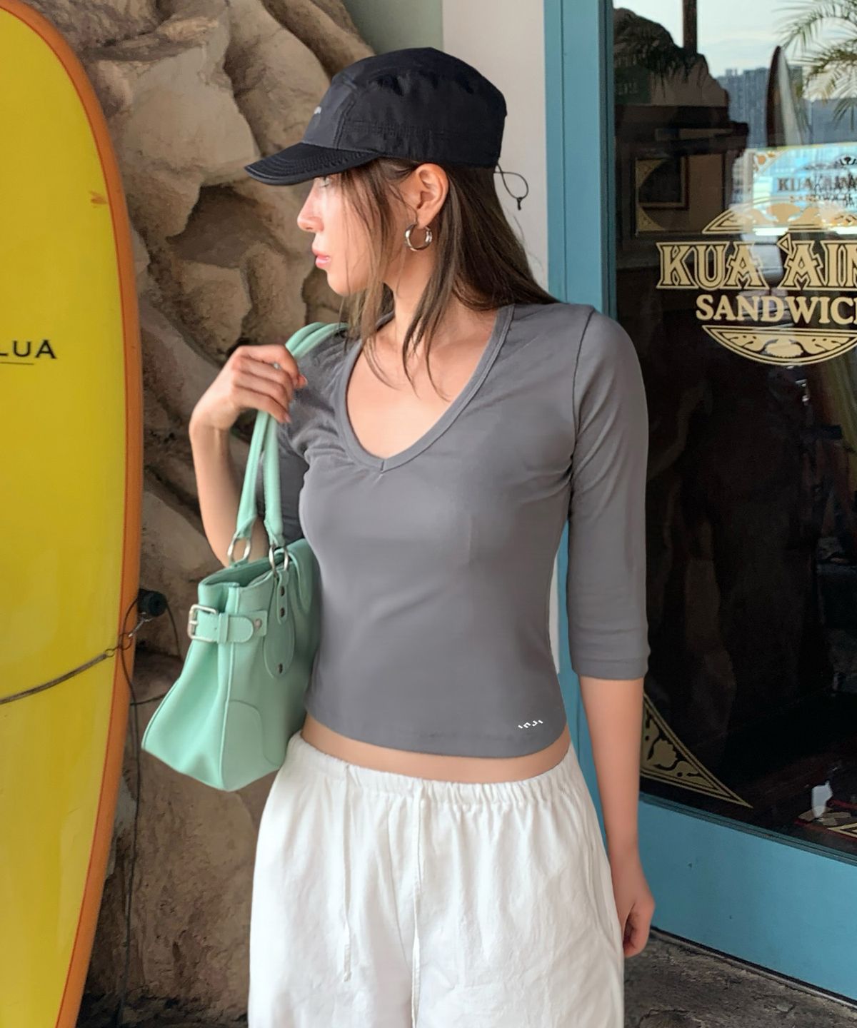 인지액티브(INJIACTIVE) Modal V-neck 7-Sleeve Top 포그그레이