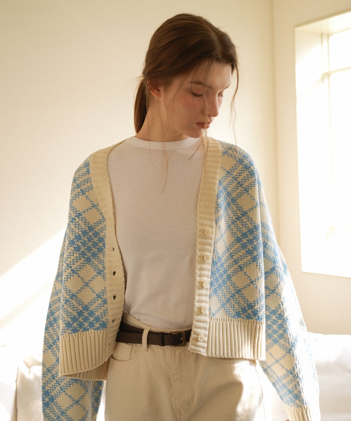 블레티(VLETI) Check Jacquard Knit Cardigan (sora)