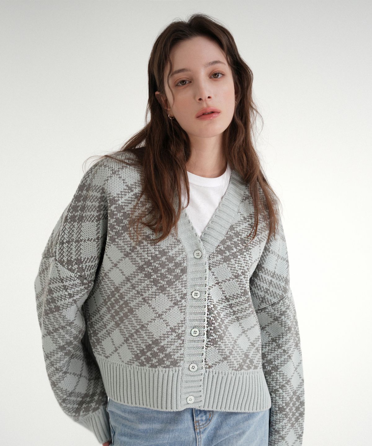 블레티(VLETI) Check Jacquard Knit Cardigan (gray)