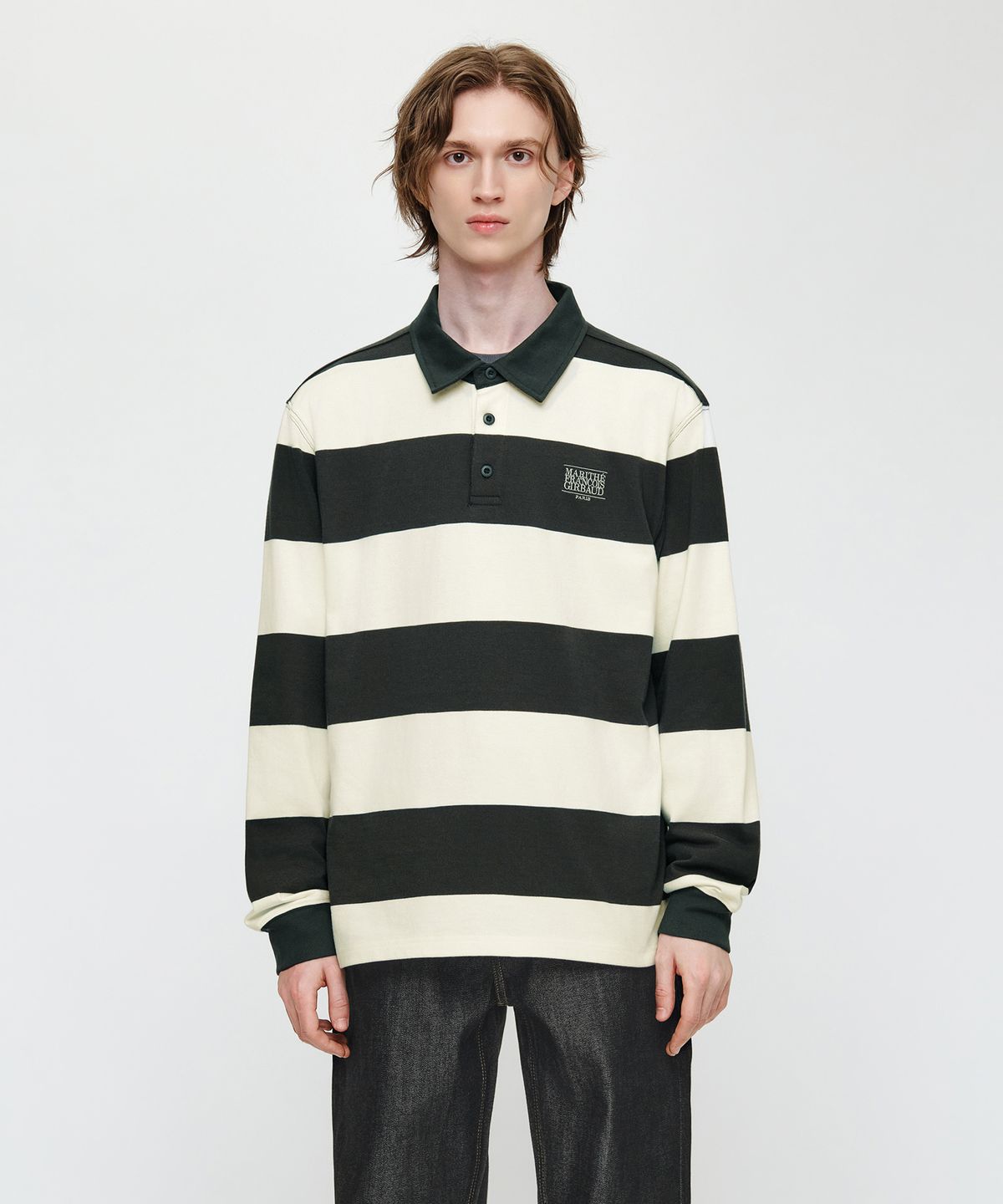마리떼 프랑소와 저버(MARITHÉ + FRANҪOIS GIRBAUD) SMALL CLASSIC LOGO RUGBY COLLAR LONG SLEEVE TEE charcoal
