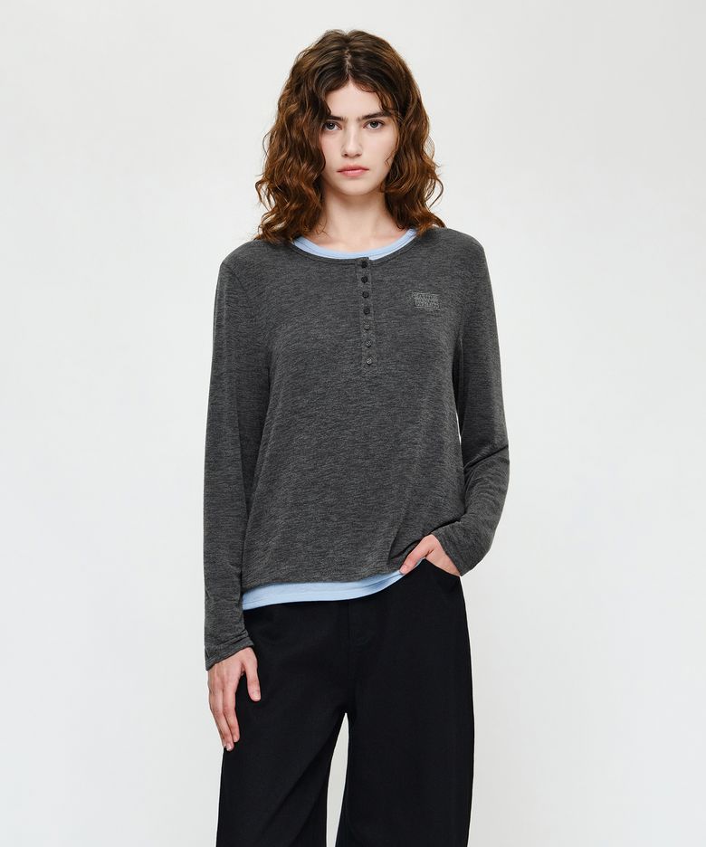 W HENLEY NECK LAYERED LONG SLEEVE TEE charcoal