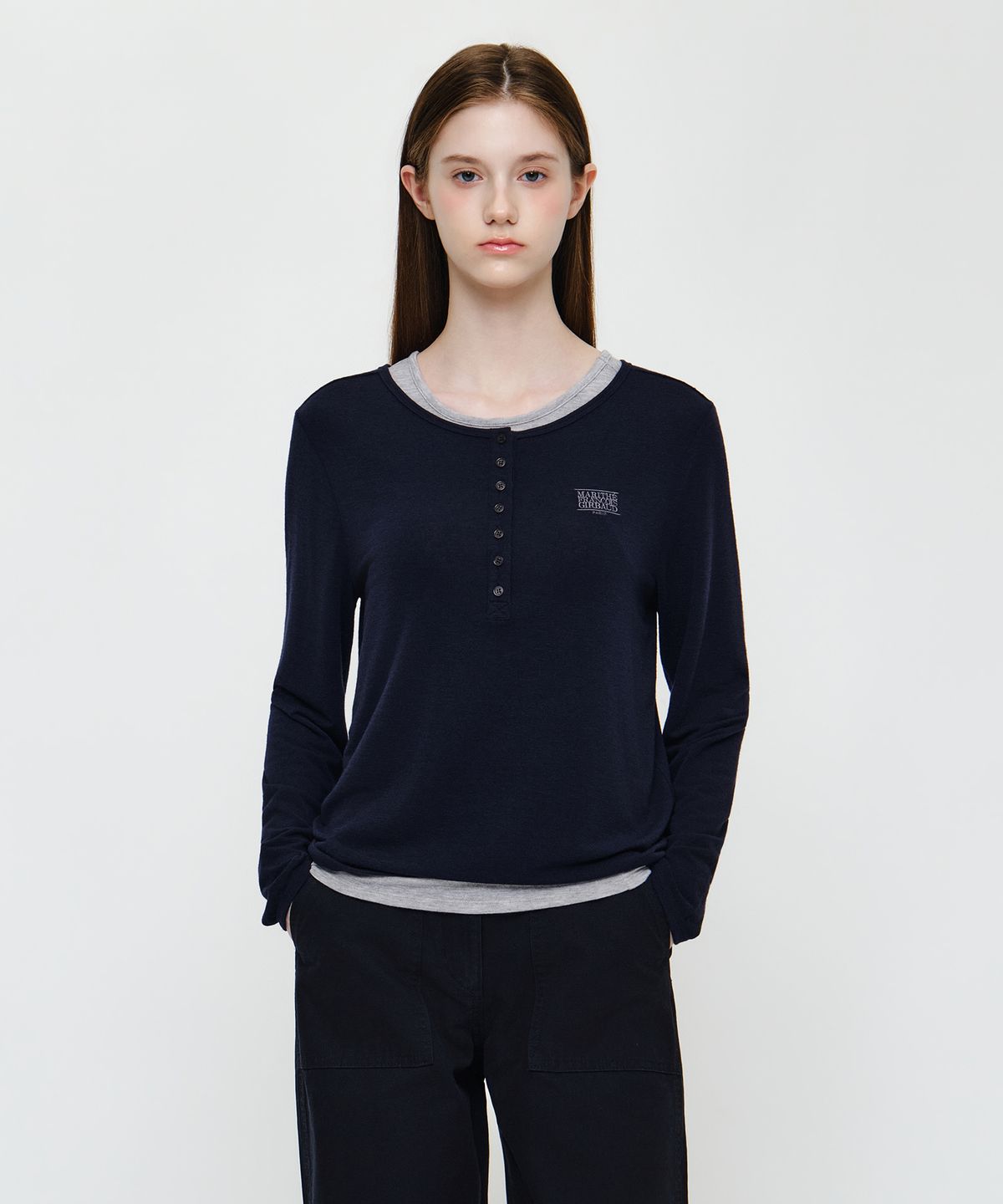 마리떼 프랑소와 저버(MARITHÉ + FRANҪOIS GIRBAUD) W HENLEY NECK LAYERED LONG SLEEVE TEE navy