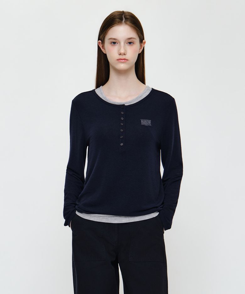 W HENLEY NECK LAYERED LONG SLEEVE TEE navy