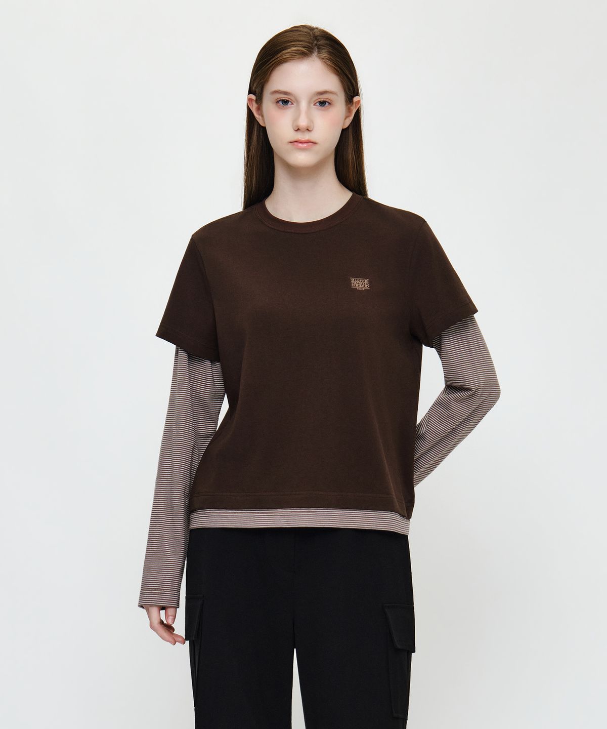 마리떼 프랑소와 저버(MARITHÉ + FRANҪOIS GIRBAUD) W HALF SLEEVE LAYERED LONG SLEEVE TEE brown