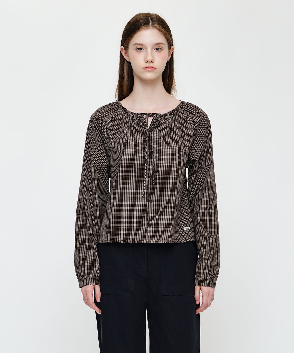 마리떼 프랑소와 저버(MARITHÉ + FRANҪOIS GIRBAUD) W CHECK RIBBON CROP BLOUSE brown