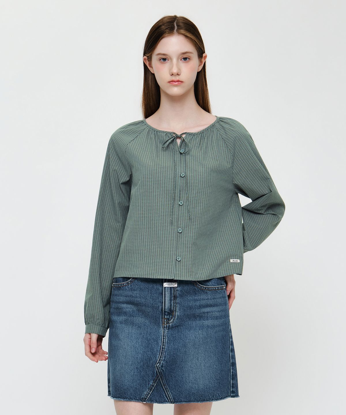 마리떼 프랑소와 저버(MARITHÉ + FRANҪOIS GIRBAUD) W CHECK RIBBON CROP BLOUSE vintage blue