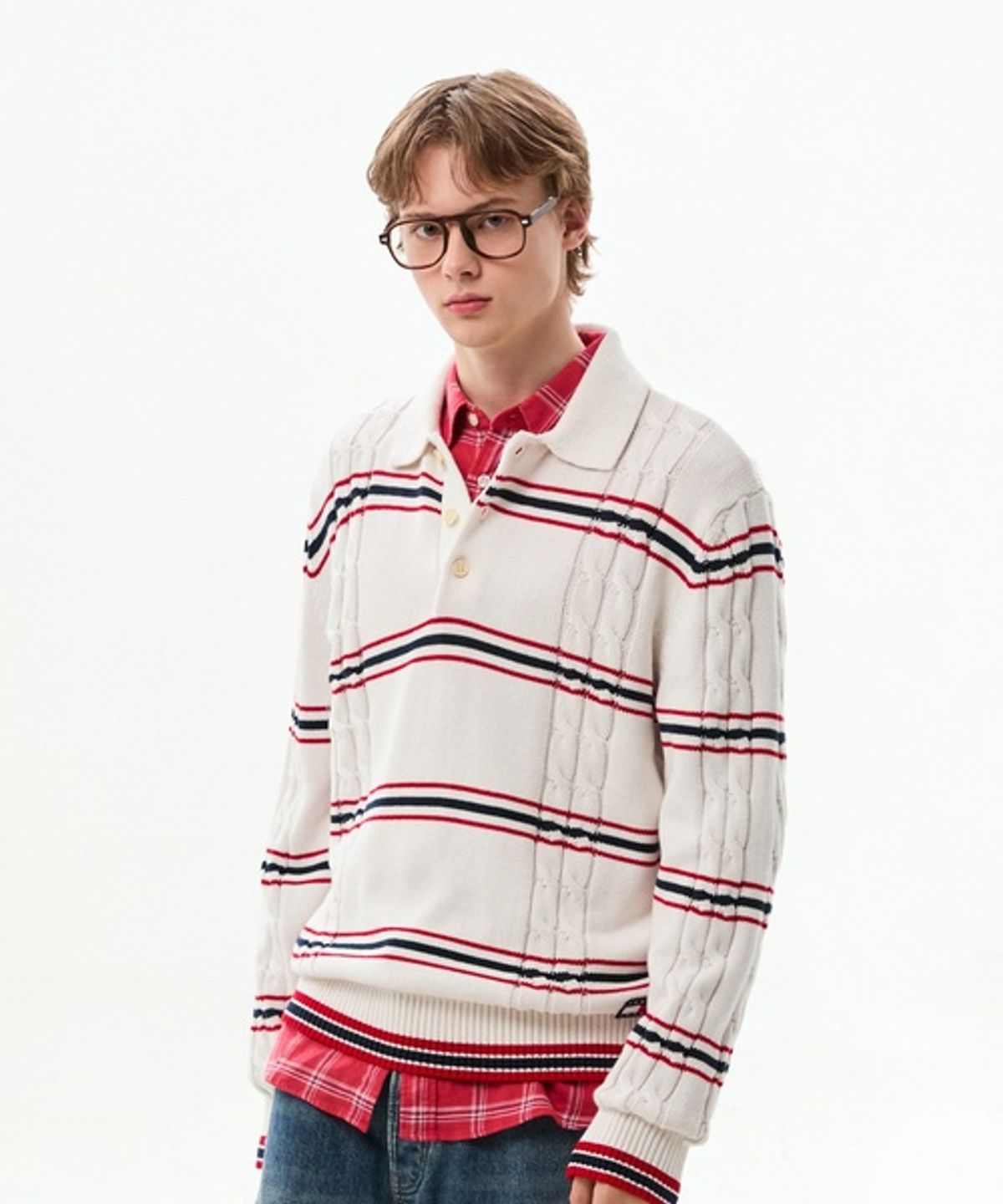 타미진스(TOMMY JEANS) 레귤러 핏 스트라이프 케이블 니트 폴로 티셔츠 (T32G6KTO11TMT1YBH)
