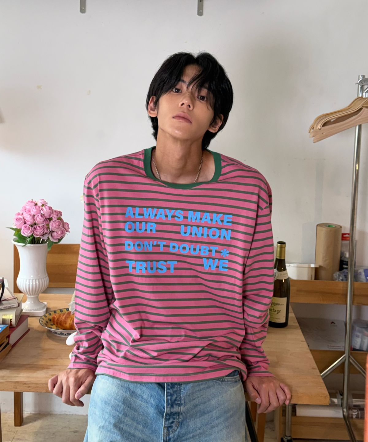 아모우(AMOU) Lettering Stripe Long Sleeve PINK