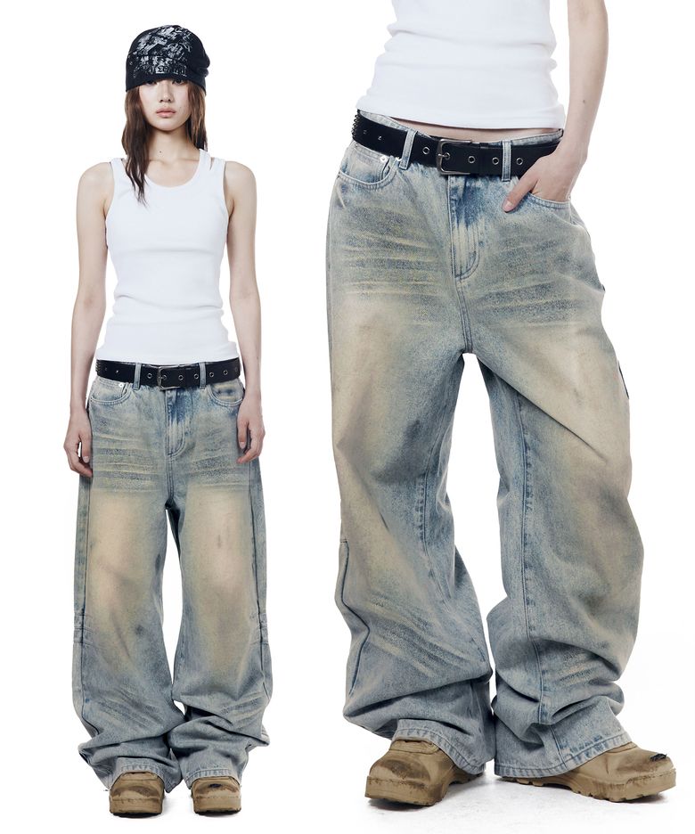 Washed Zipper Slit Denim Pants (Light Blue)