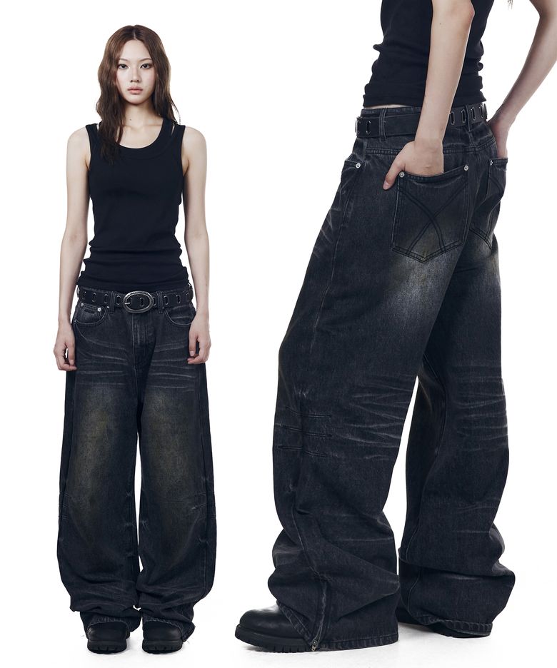 Washed Zipper Slit Denim Pants (Black)