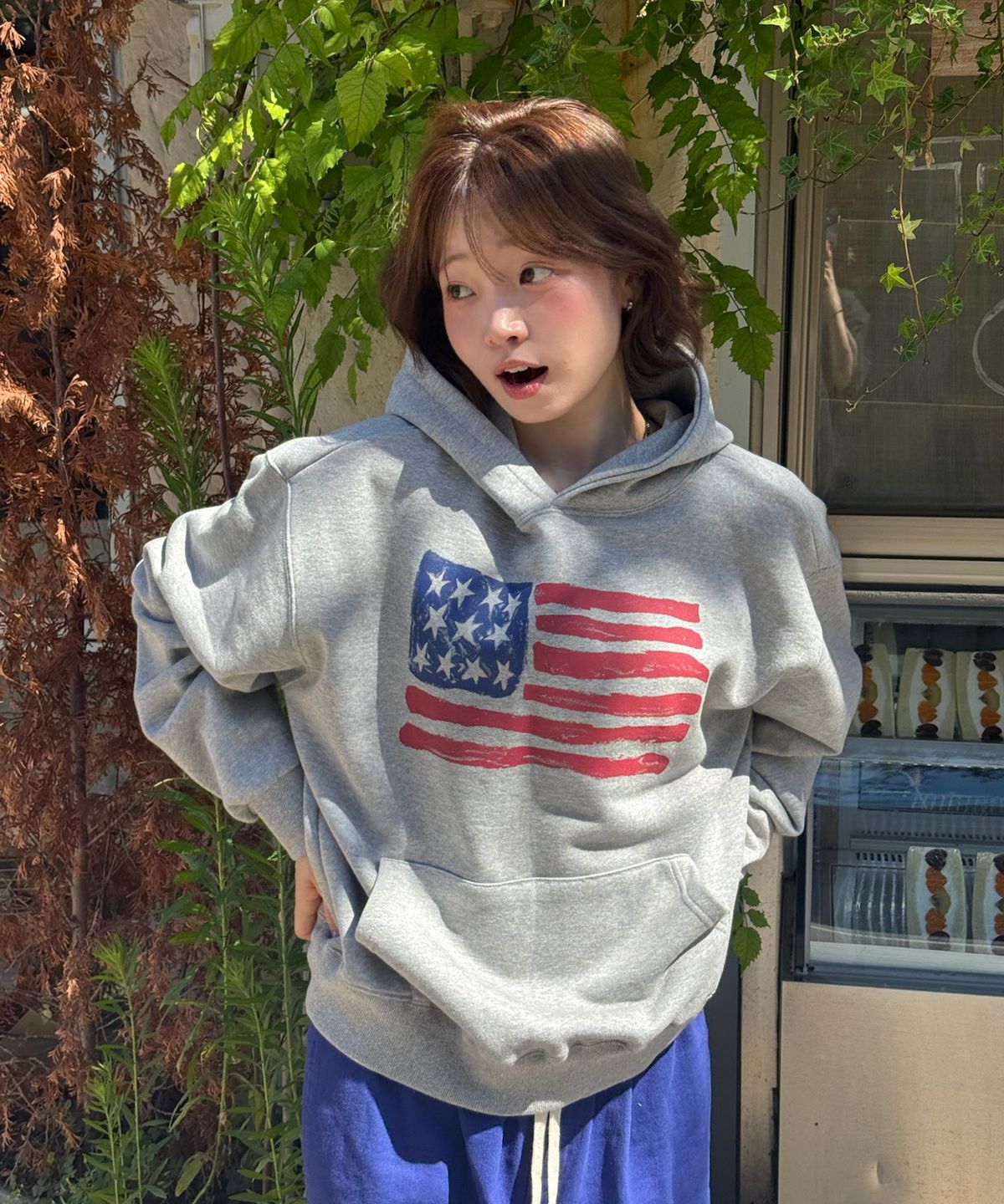 아모우(AMOU) USA Painted Hoodie GRAY