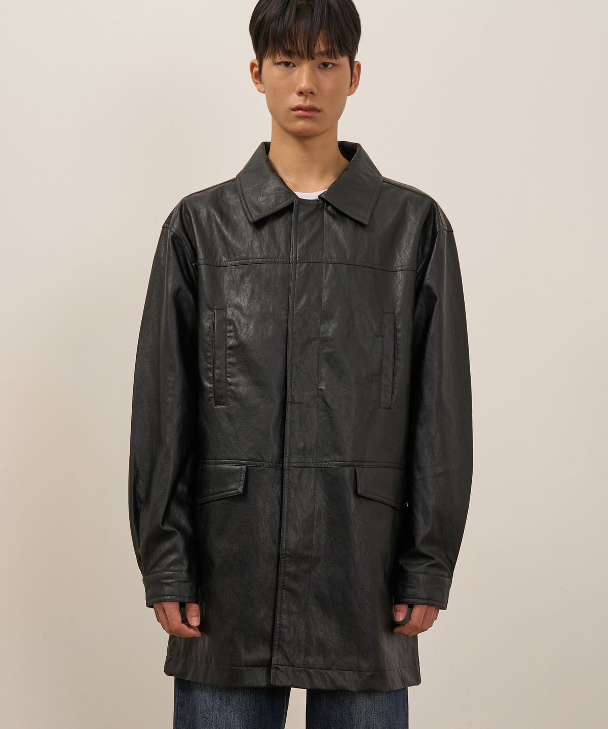 토피(TOFFEE) PU 레더  카 코트 (BLACK)
