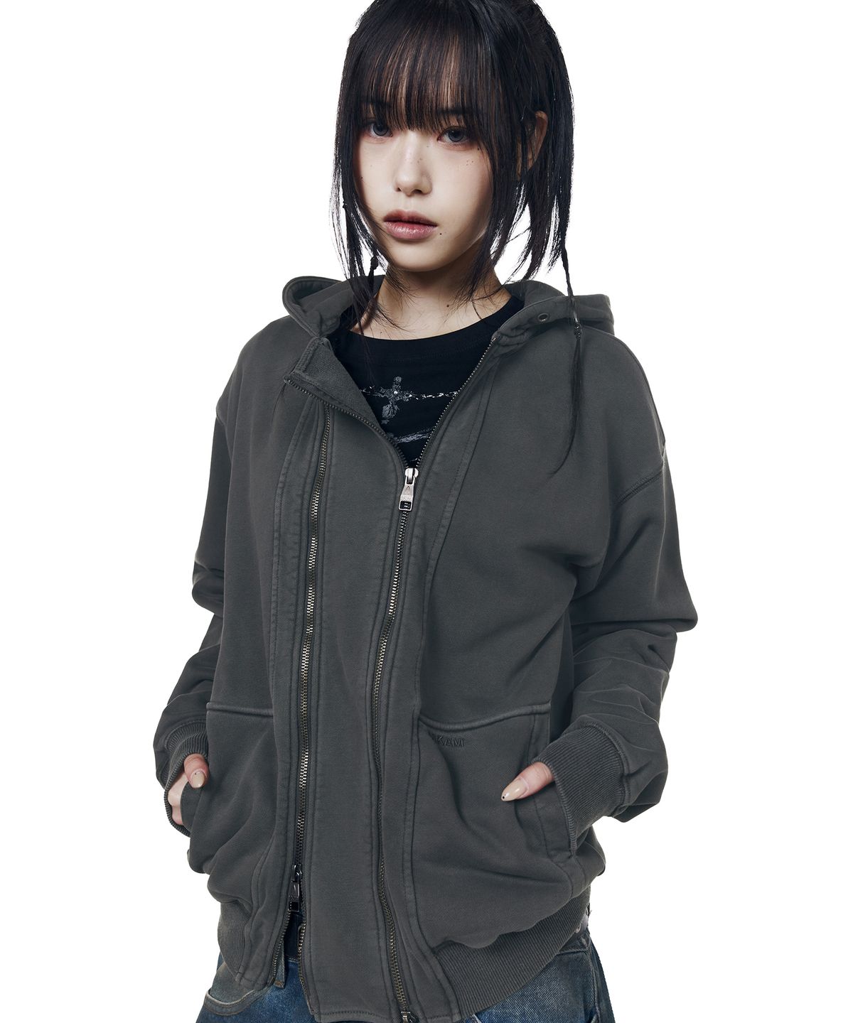 아캄(AAKAM) Double Zippered Zip-Up Hoodie (Dark Gray)