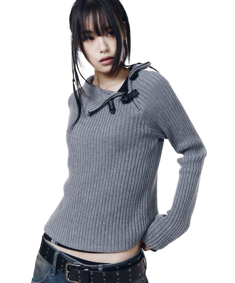 Slant Zipper Belted Knit (Gray)