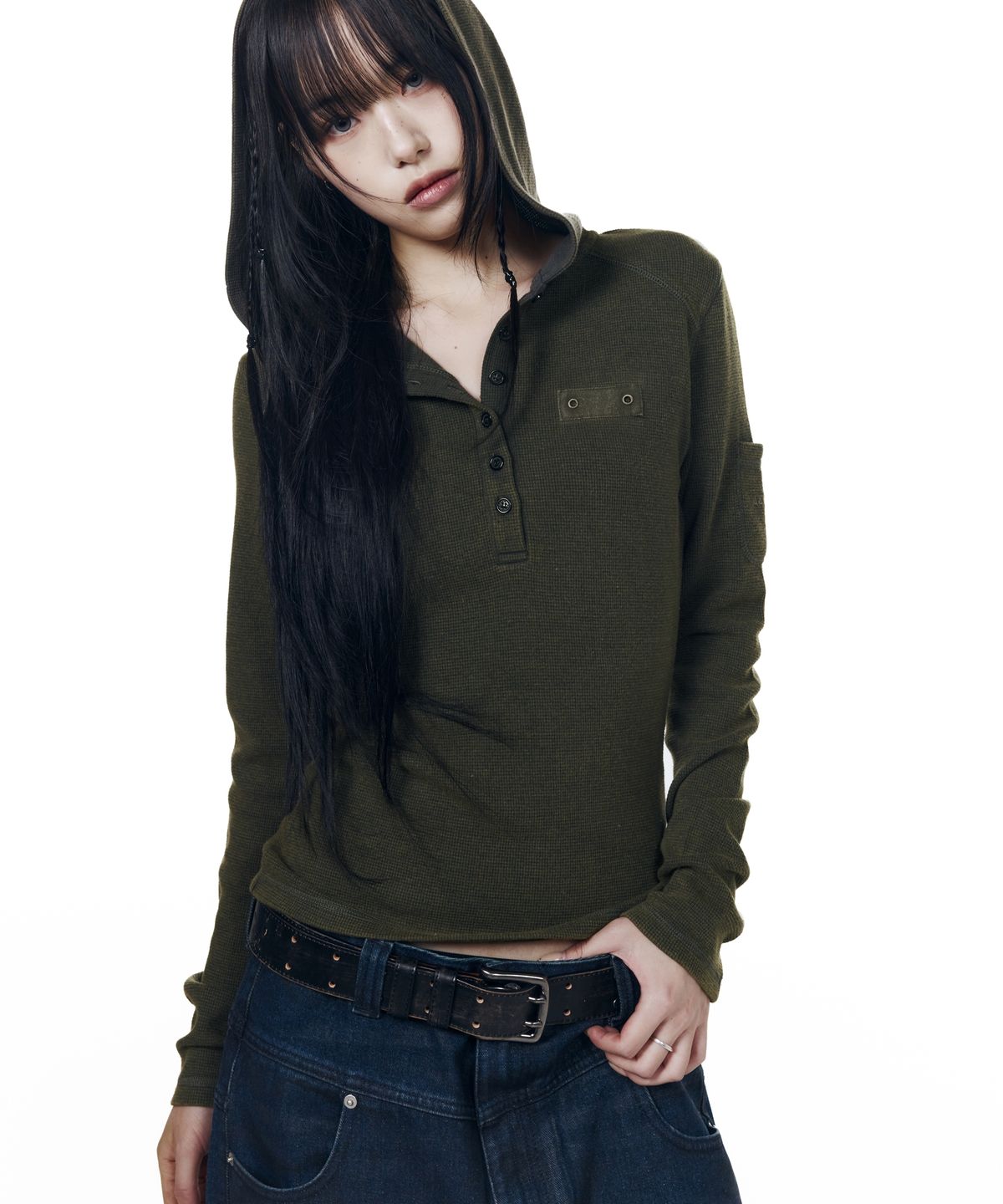 아캄(AAKAM) Bleach Washed Hooded Long Sleeve (Olive)
