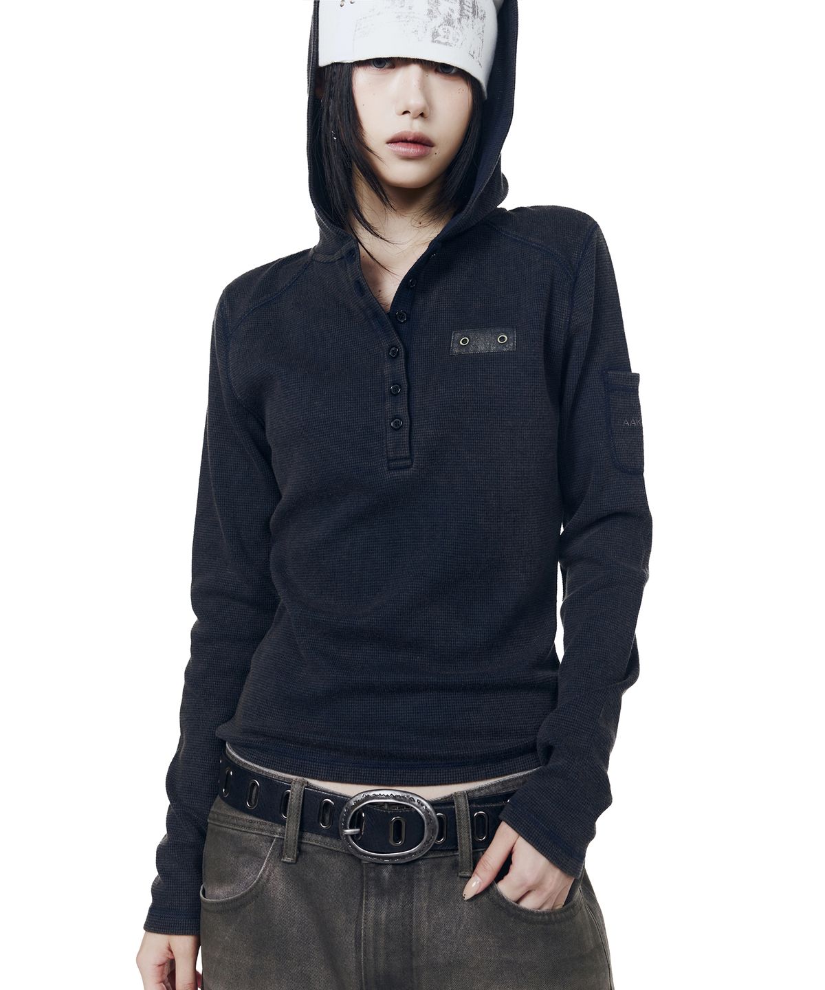 아캄(AAKAM) Bleach Washed Hooded Long Sleeve (Navy)