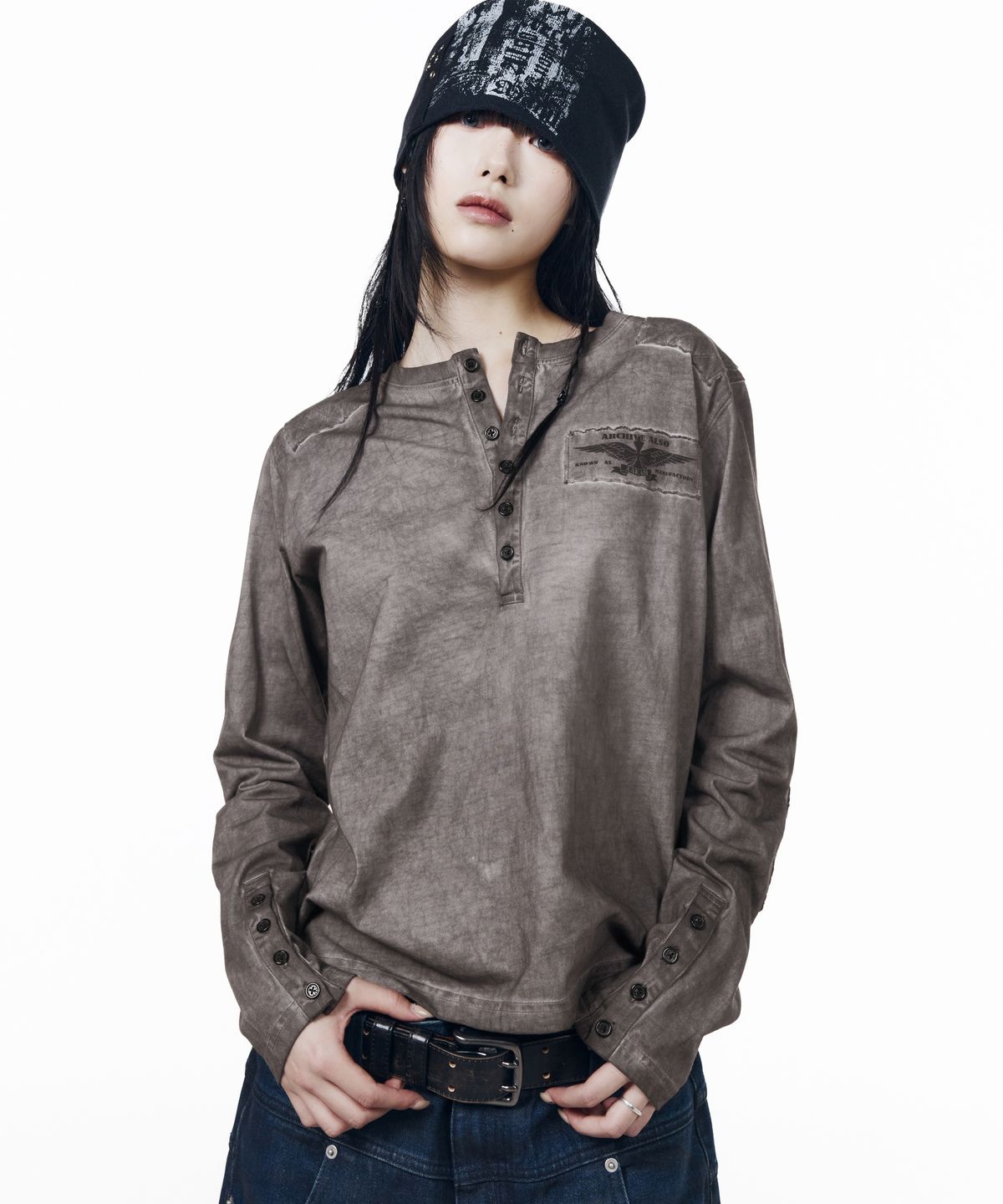 아캄(AAKAM) Military Dyed Henry Neck Long Sleeve (Dark Purple)