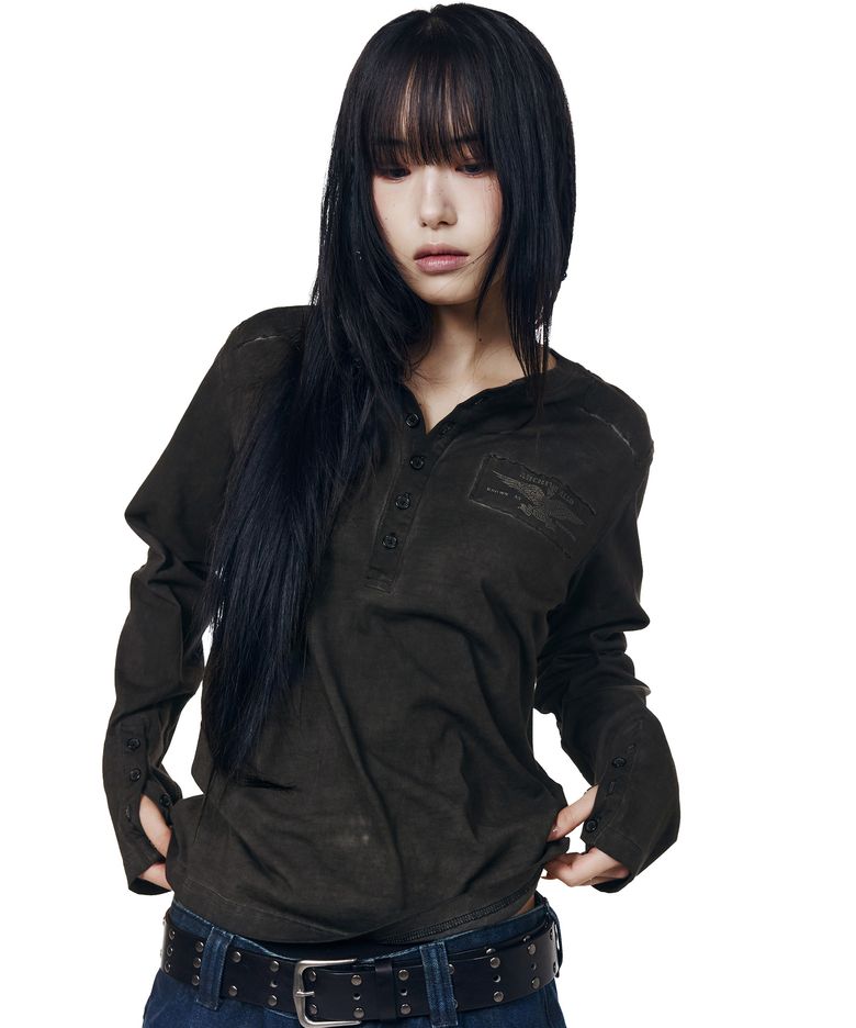 Military Dyed Henry Neck Long Sleeve (Black)