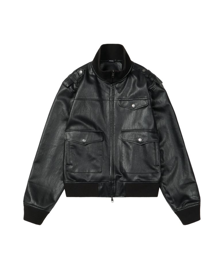 High Neck Flight Leather Jacket (Black)