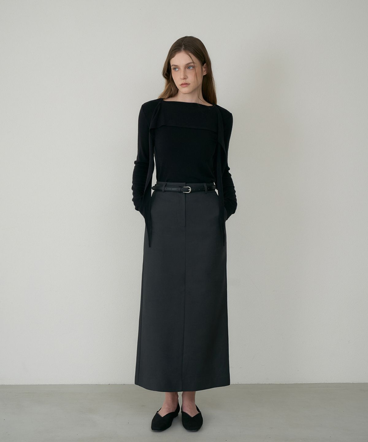 드헤베(DEHEVE) Wool Slim Long Skirt [Charcoal]