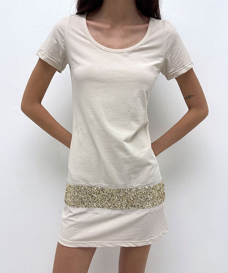 SEQUIN TRIM LONG TEE, IVORY