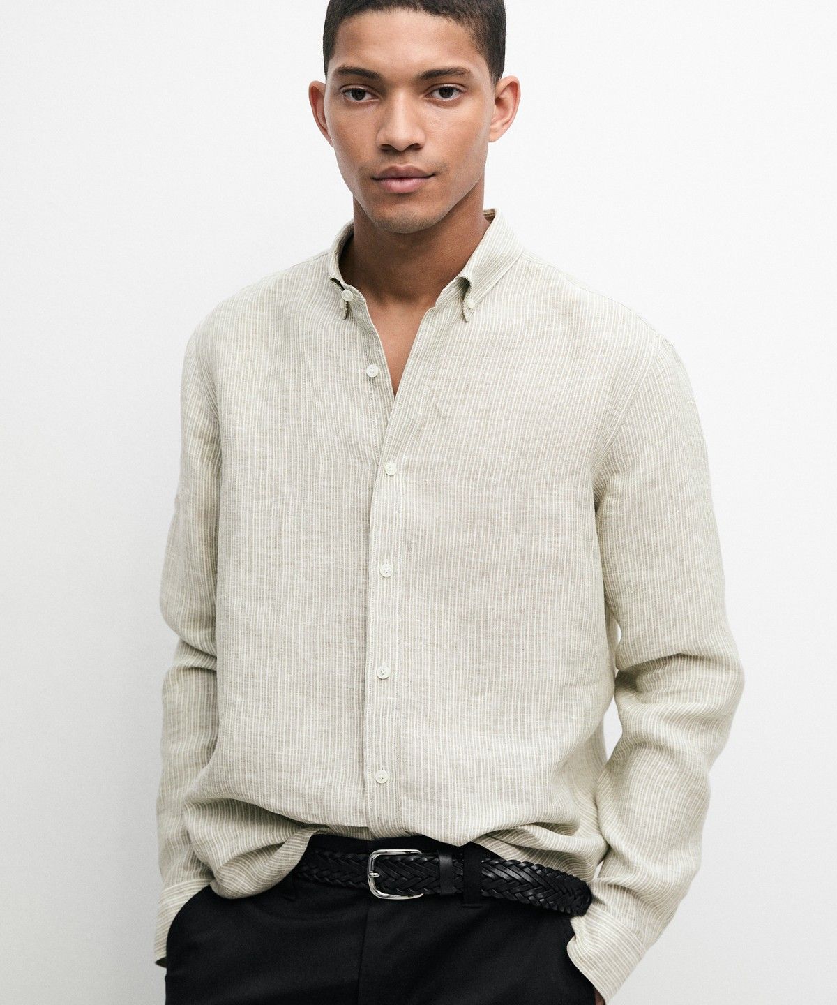 마시모두띠(MASSIMO DUTTI) 100% 린넨 레귤러 핏 스트라이프 셔츠
