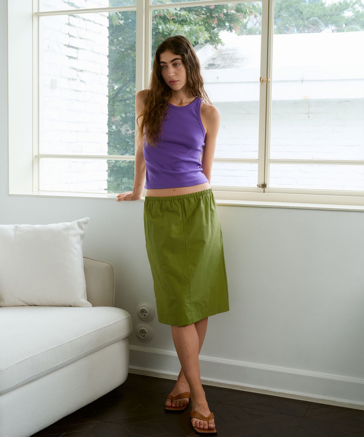 38컴온커먼(38COMEONCOMMON) Nylon Drawstring Banding Skirts (Olive)