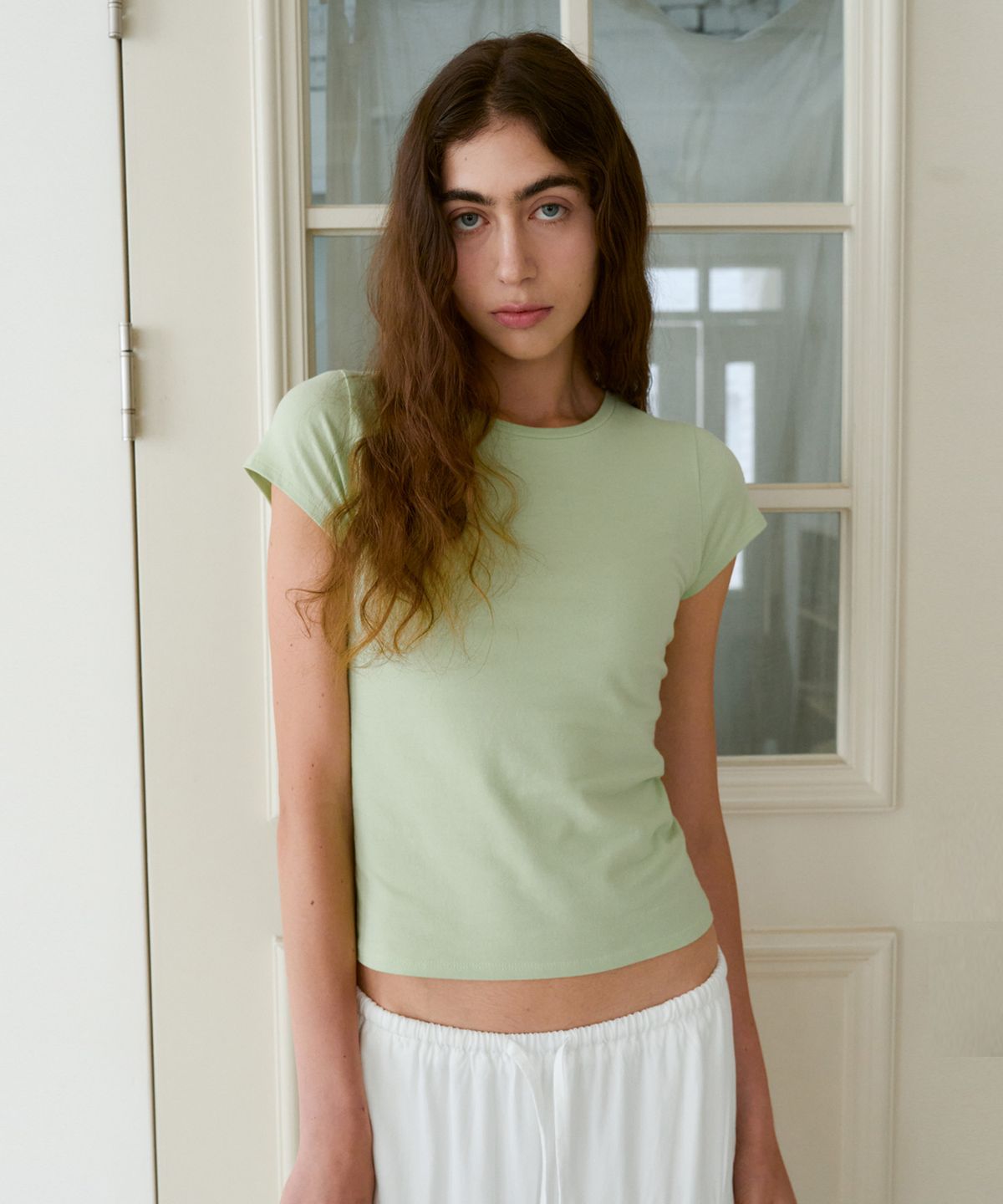 38컴온커먼(38COMEONCOMMON) Cap Sleeve Slim T-Shirts (Lime)