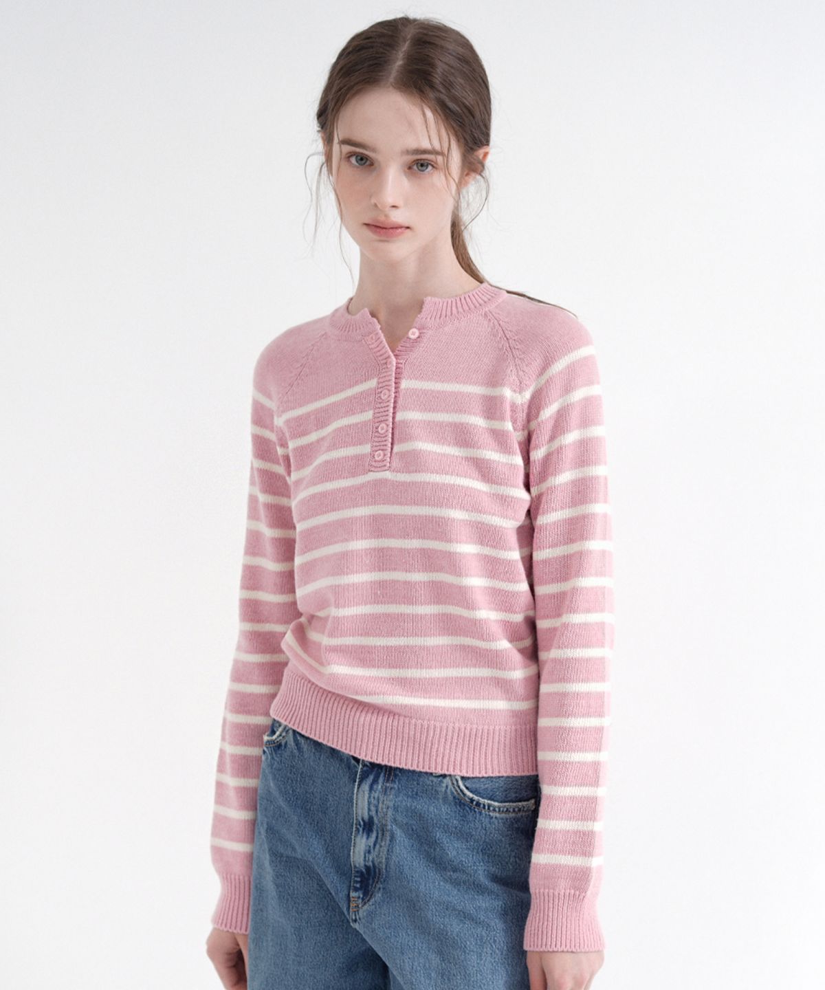 블레티(VLETI) Round Stripe Button Knit (Pink)