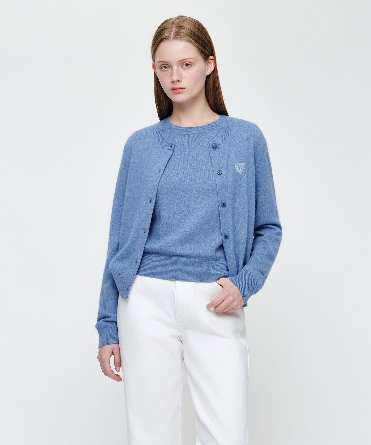 마리떼 프랑소와 저버(MARITHÉ + FRANҪOIS GIRBAUD) W SMALL CLASSIC LOGO ROUND NECK CARDIGAN SET UP blue