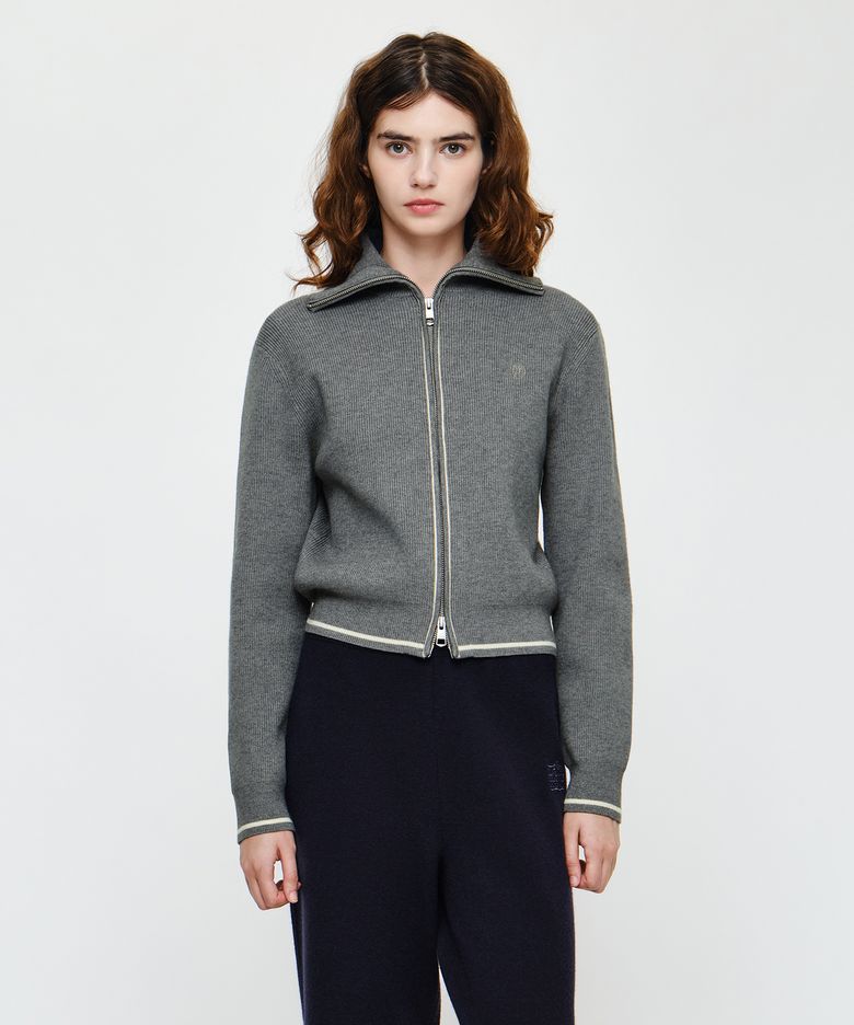 W BIG COLLAR CROP ZIP-UP CARDIGAN melange gray