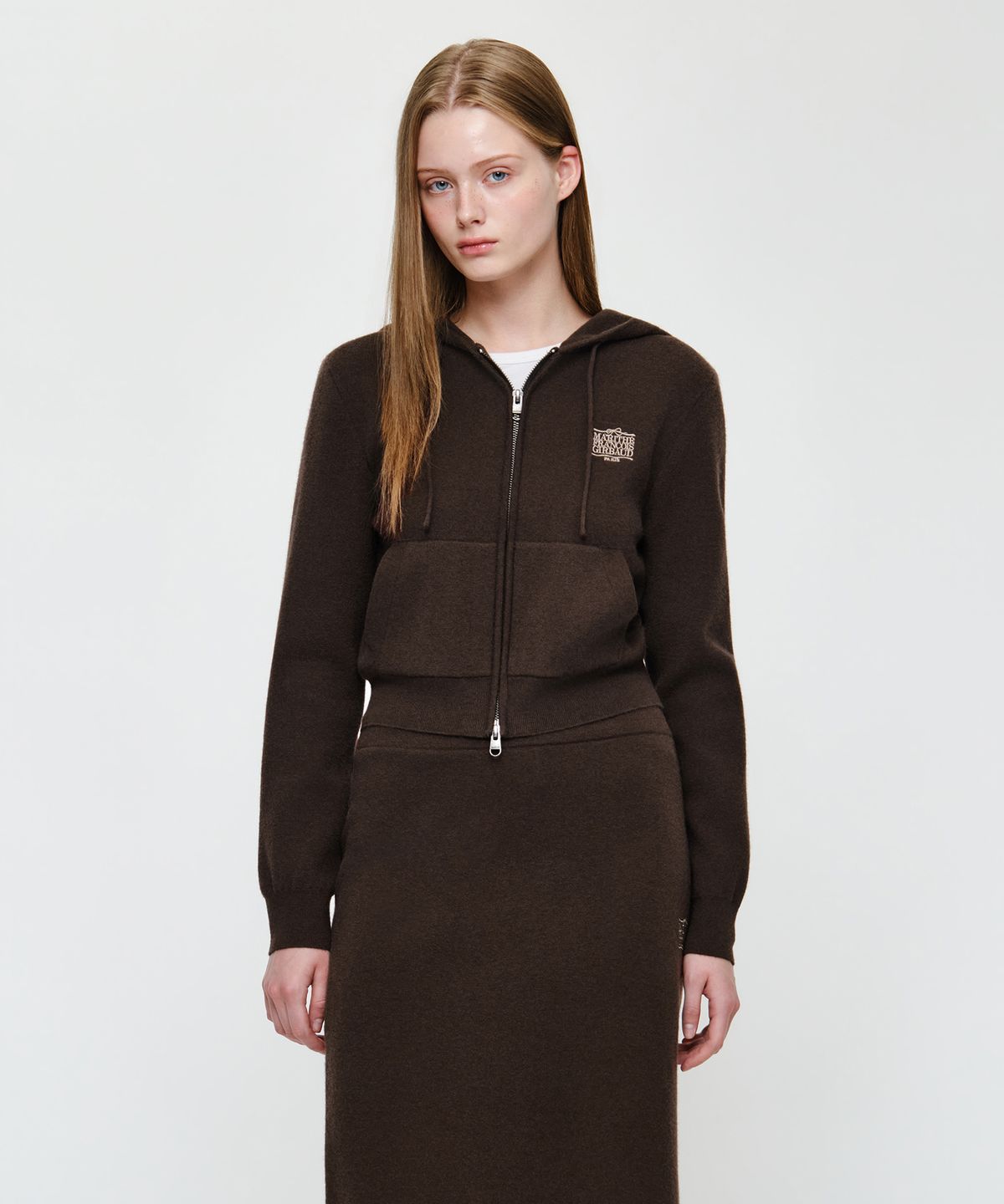 마리떼 프랑소와 저버(MARITHÉ + FRANҪOIS GIRBAUD) W RIBBON CLASSIC LOGO CROP KNIT HOODIE ZIPUP brown