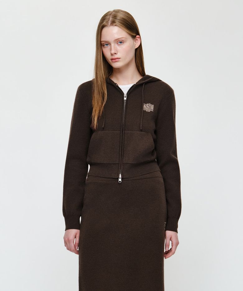 W RIBBON CLASSIC LOGO CROP KNIT HOODIE ZIPUP brown