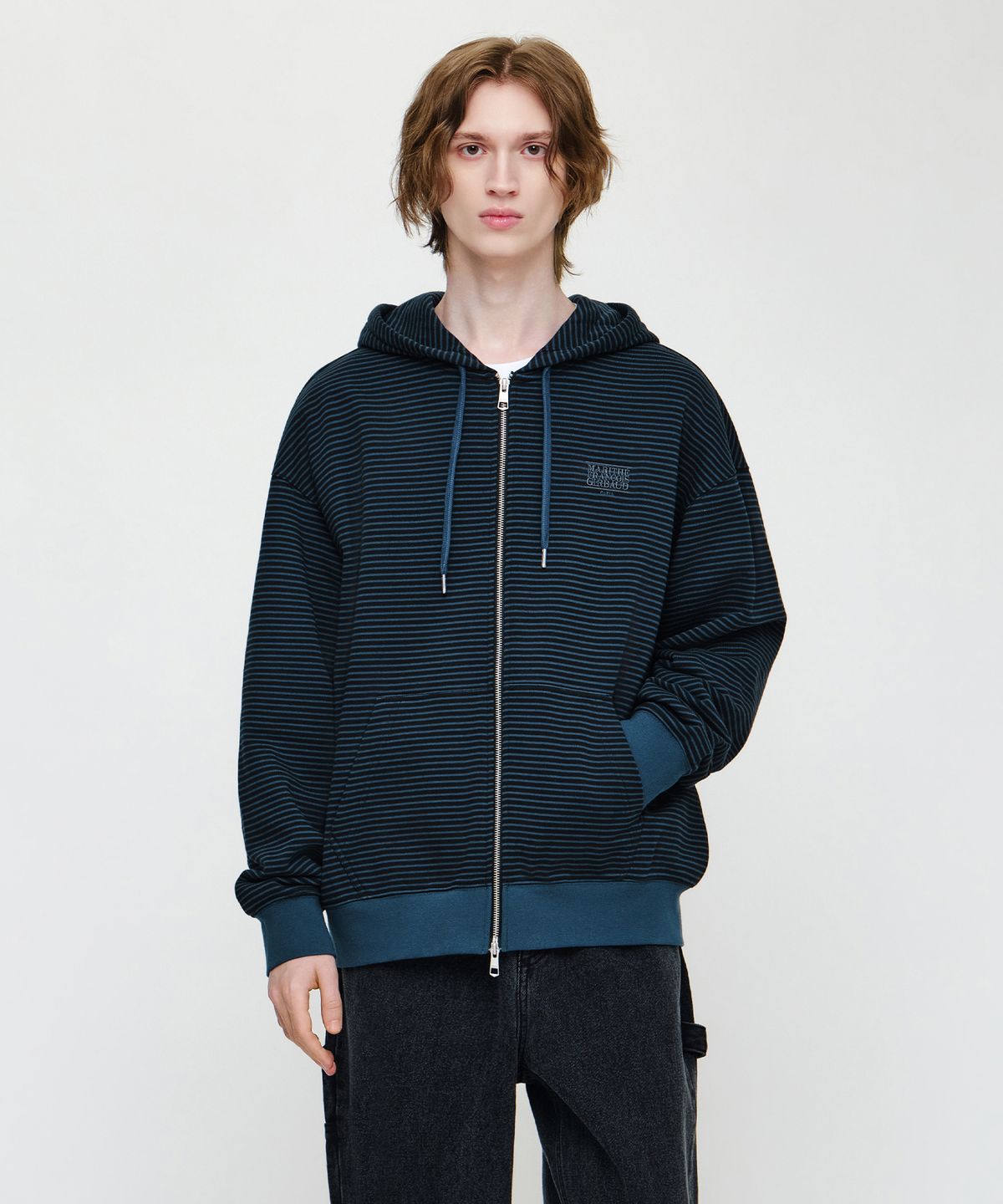 마리떼 프랑소와 저버(MARITHÉ + FRANҪOIS GIRBAUD) SMALL CLASSIC LOGO STRIPE OVERSIZED HOODIE ZIPUP dark blue
