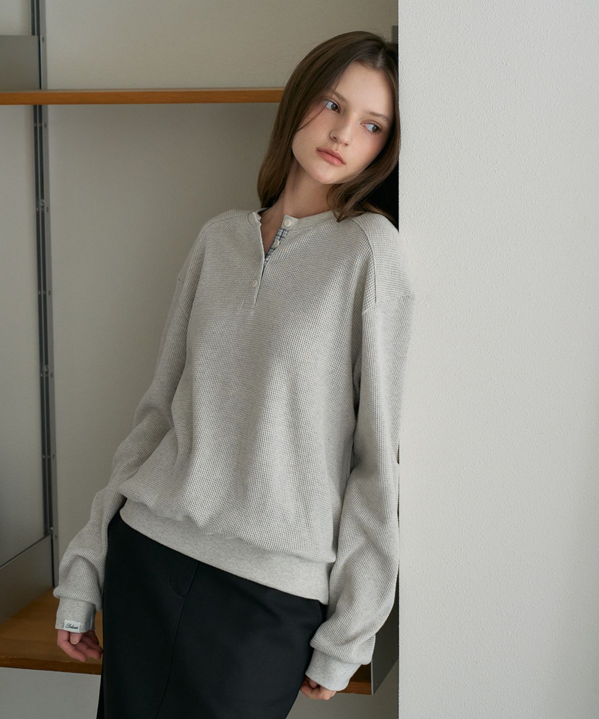 드헤베(DEHEVE) Check Henley-neck Sweatshirt [Oatmeal]