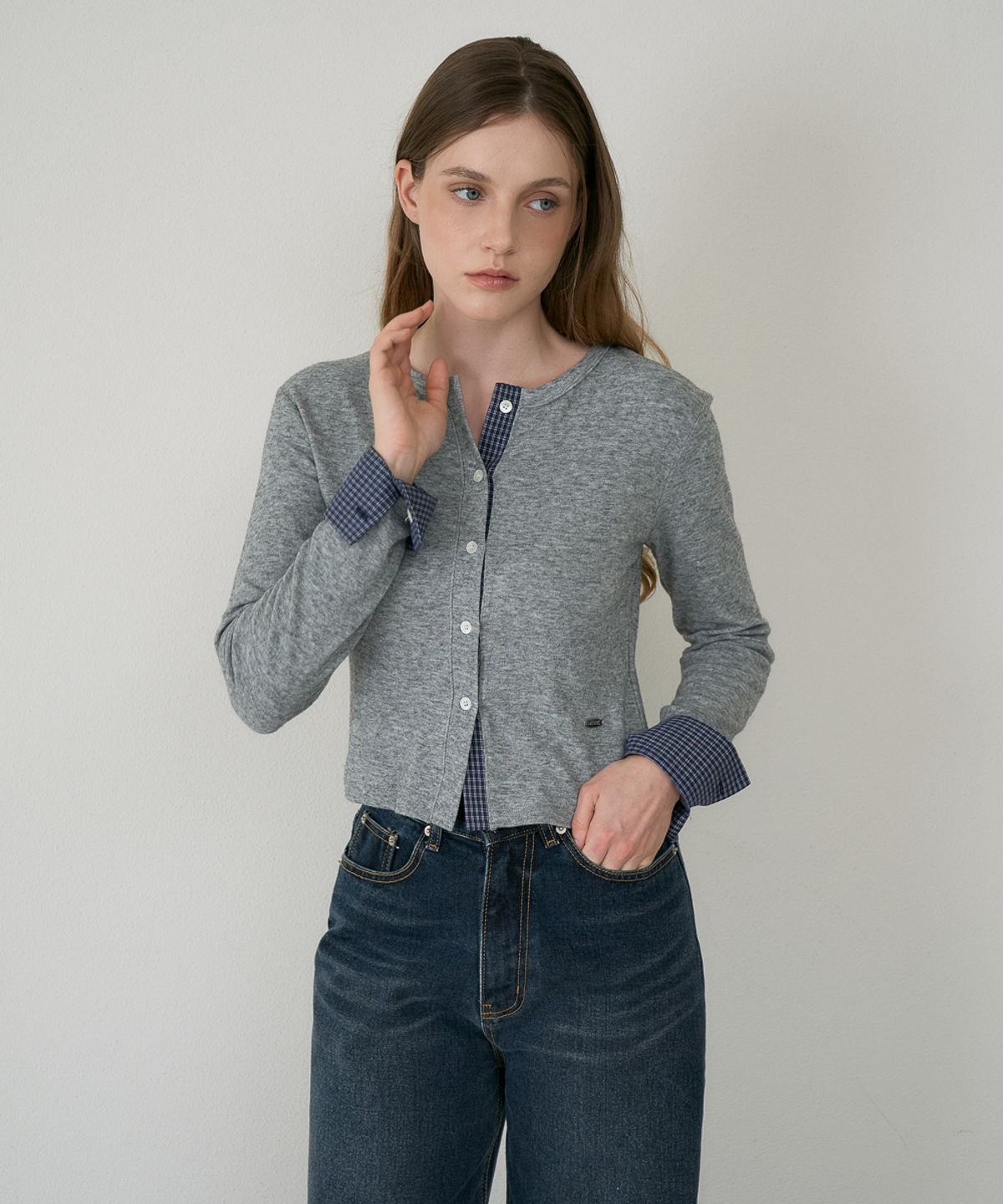 드헤베(DEHEVE) Check Trim Wool Cardigan [Gray]