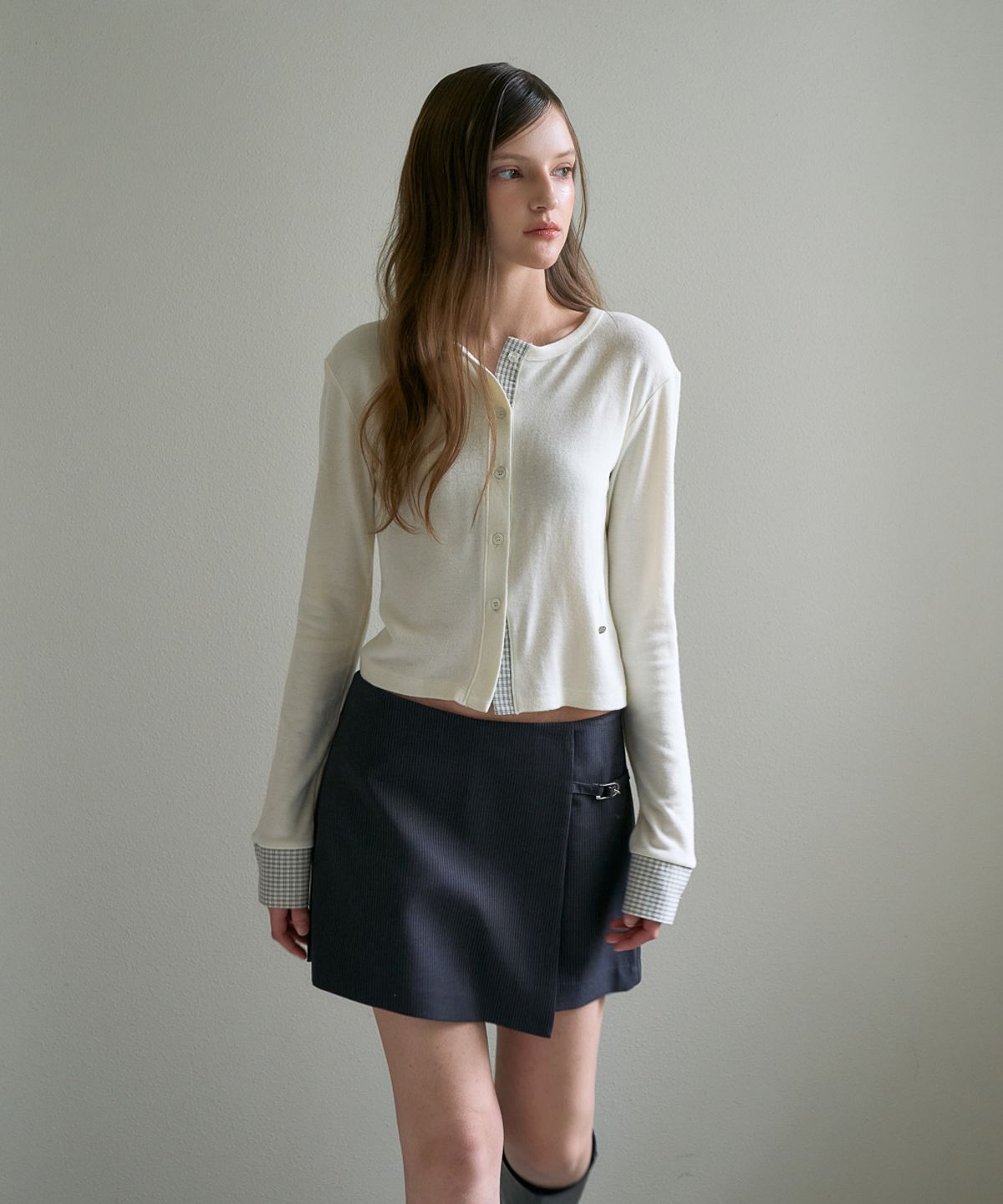 드헤베(DEHEVE) Check Trim Wool Cardigan [Ivory]