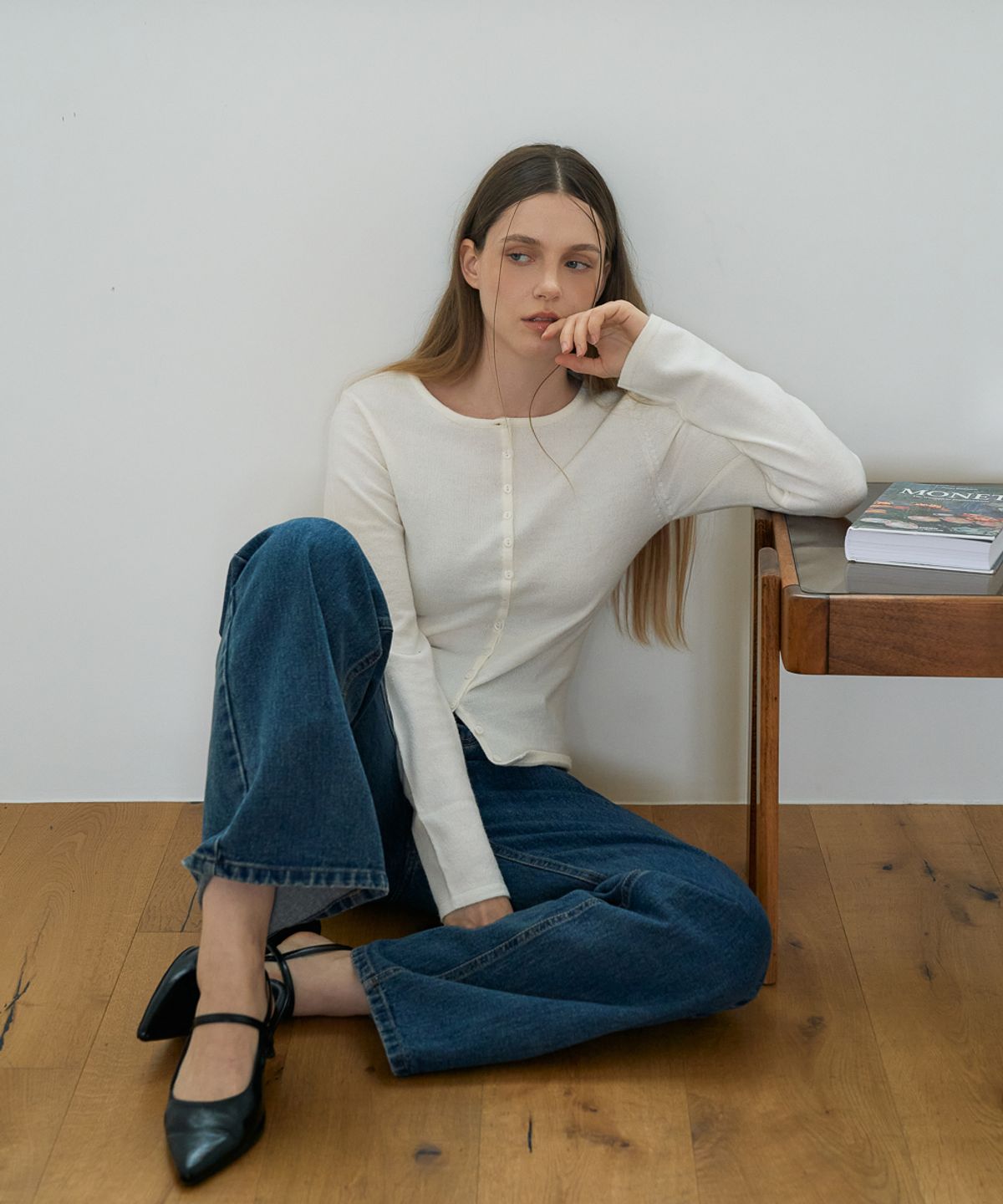 드헤베(DEHEVE) Slim Button Cardigan [Ivory]