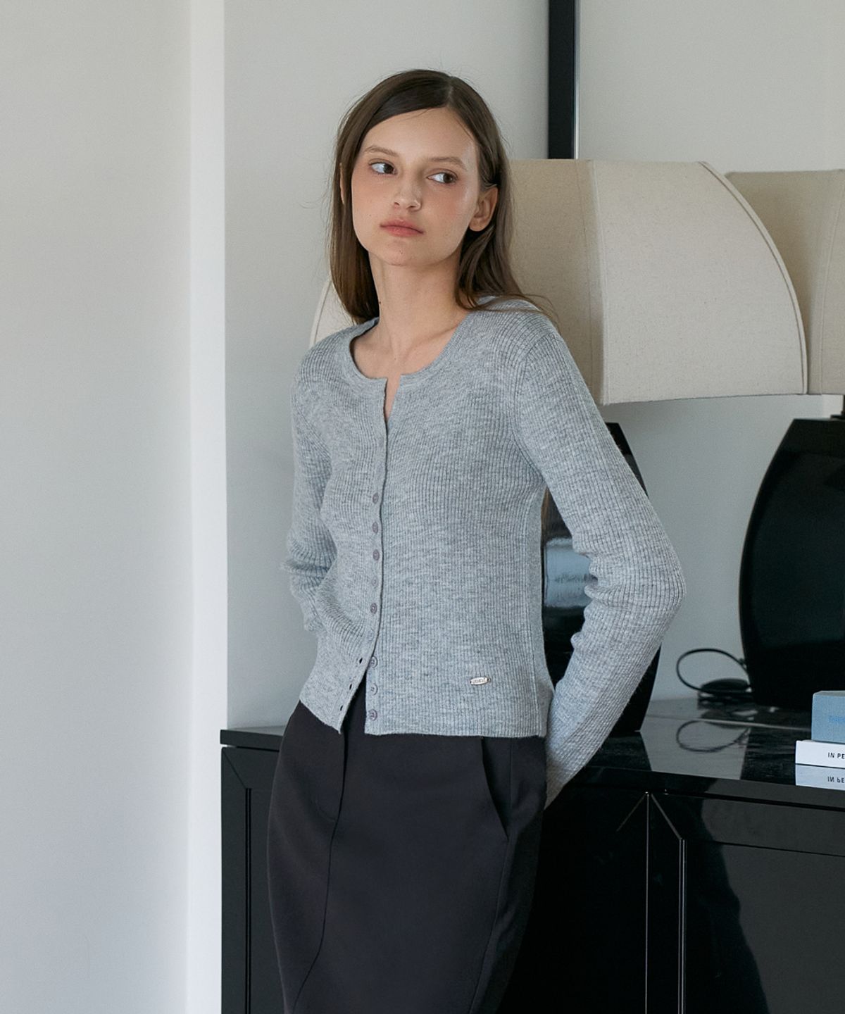 드헤베(DEHEVE) Slim Rib Cardigan [Gray]