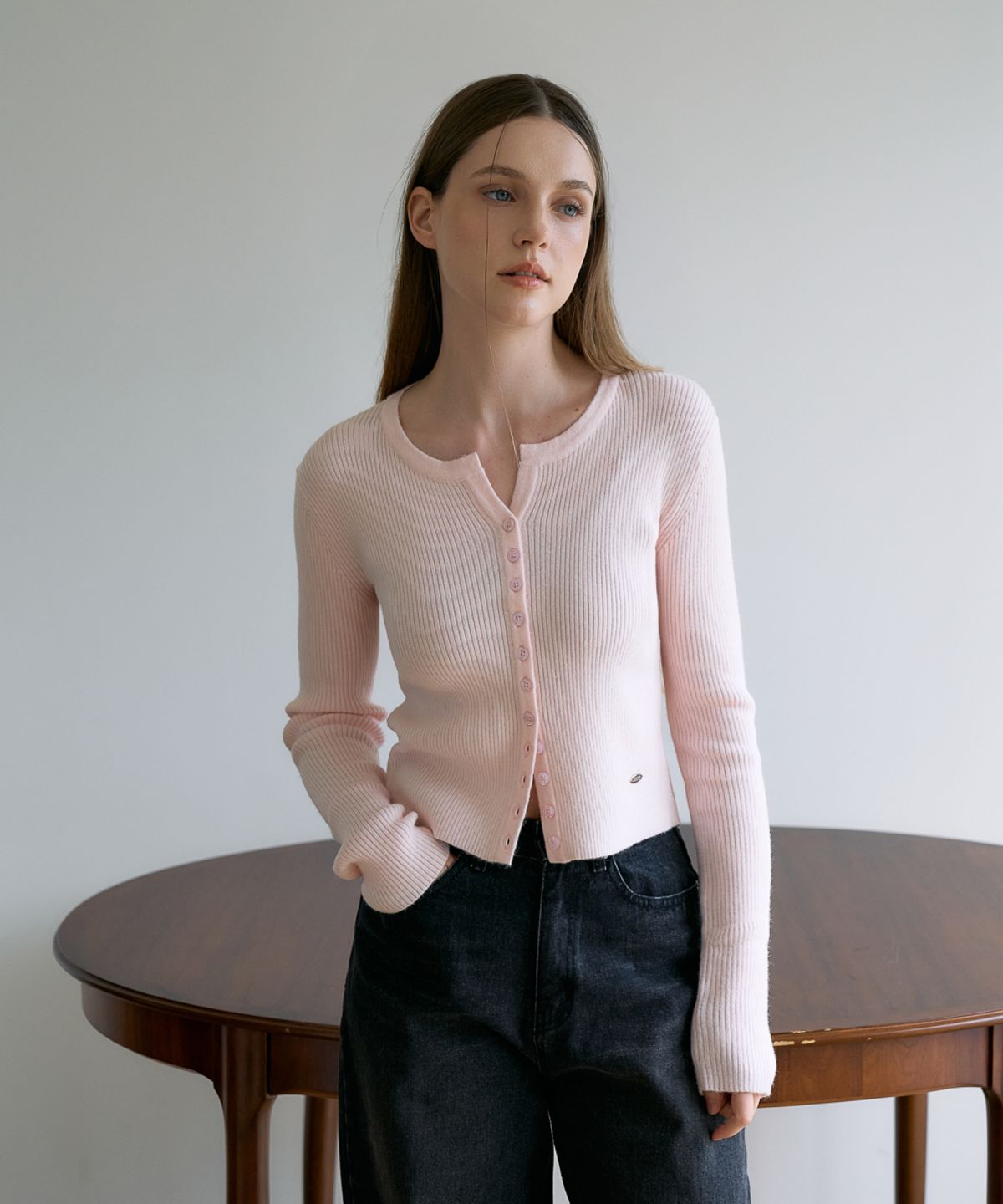 드헤베(DEHEVE) Slim Rib Cardigan [Pink]
