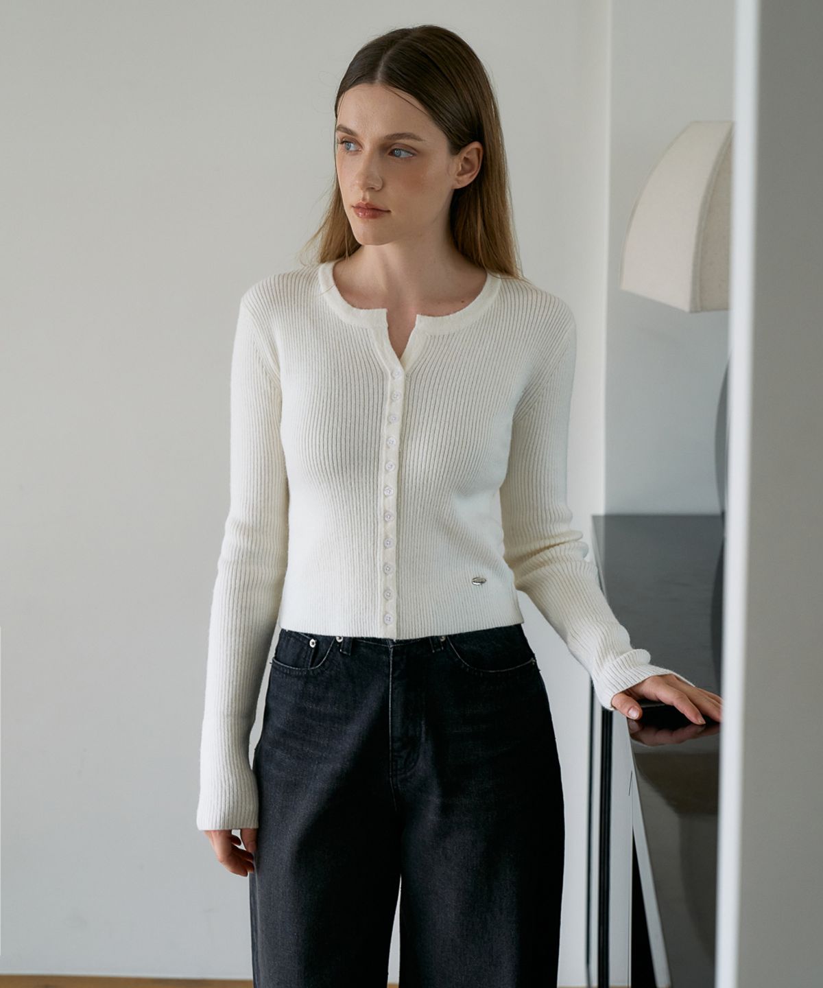 드헤베(DEHEVE) Slim Rib Cardigan [Ivory]