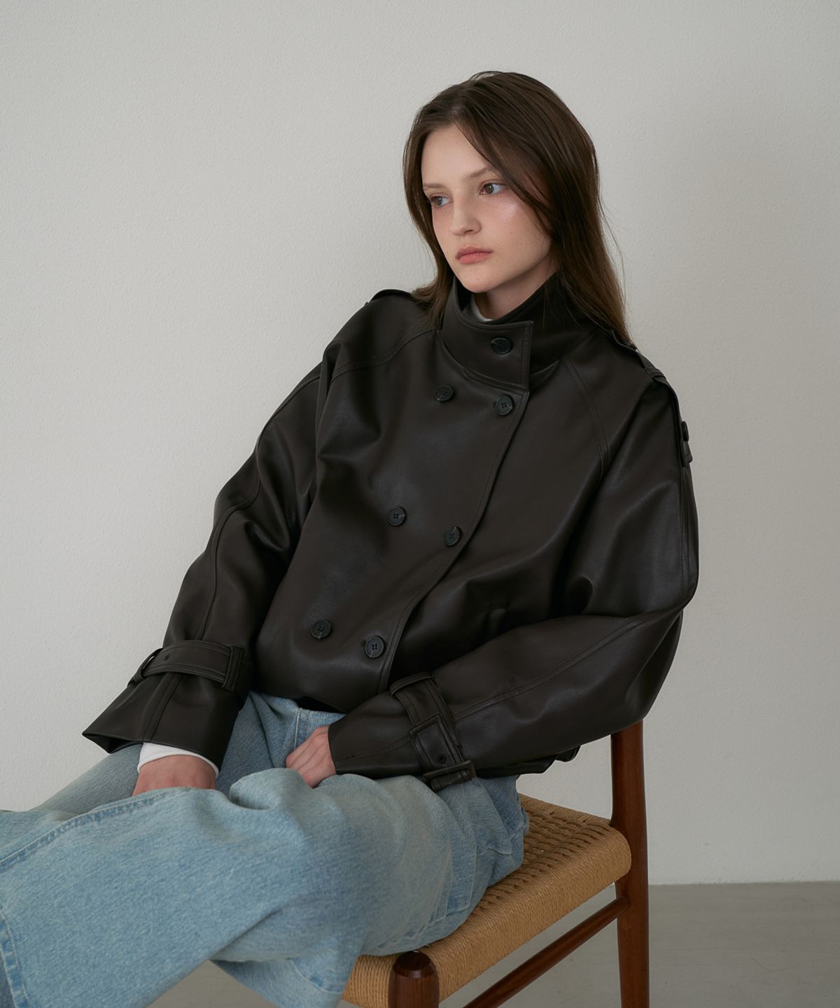 드헤베(DEHEVE) Double High-neck Leather Jumper [Brown]