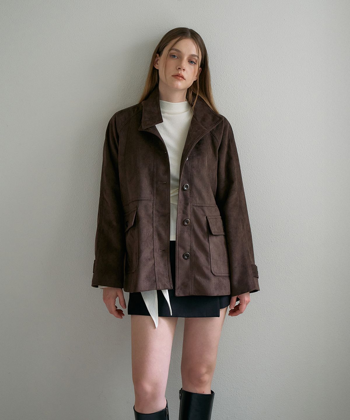 드헤베(DEHEVE) Suede High-neck Half Jacket [Cocoa Brown]