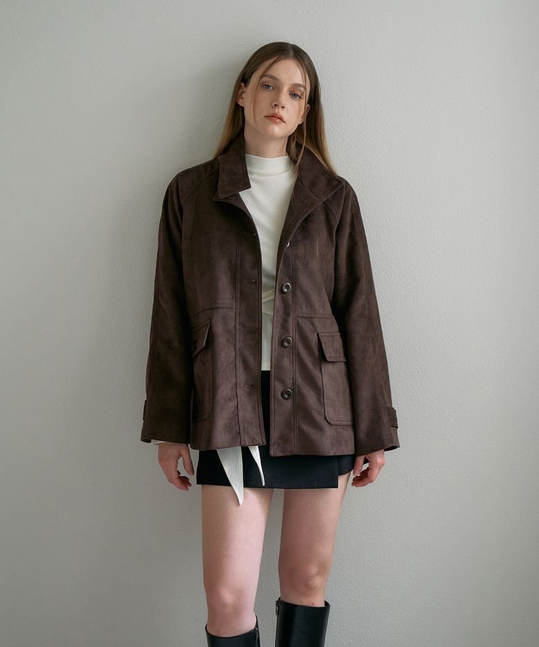 Suede High-neck Half Jacket [Cocoa Brown]