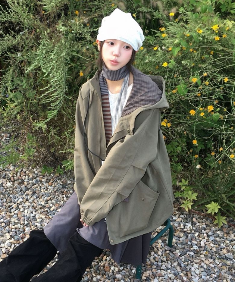 빈티지 후디드 필드 야상-카키