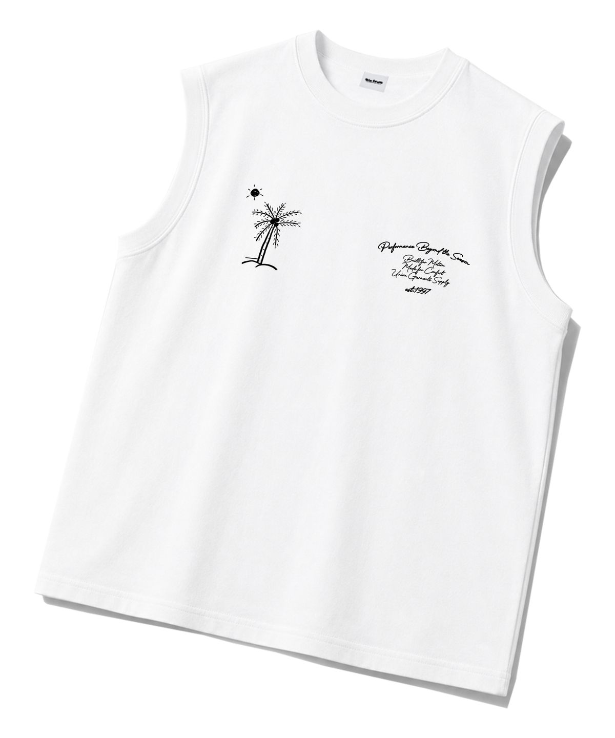 유니온가먼츠(UNION GARMENTS) 레터링베케이션 시보리 오버핏 슬리브리스 나시 티셔츠 화이트