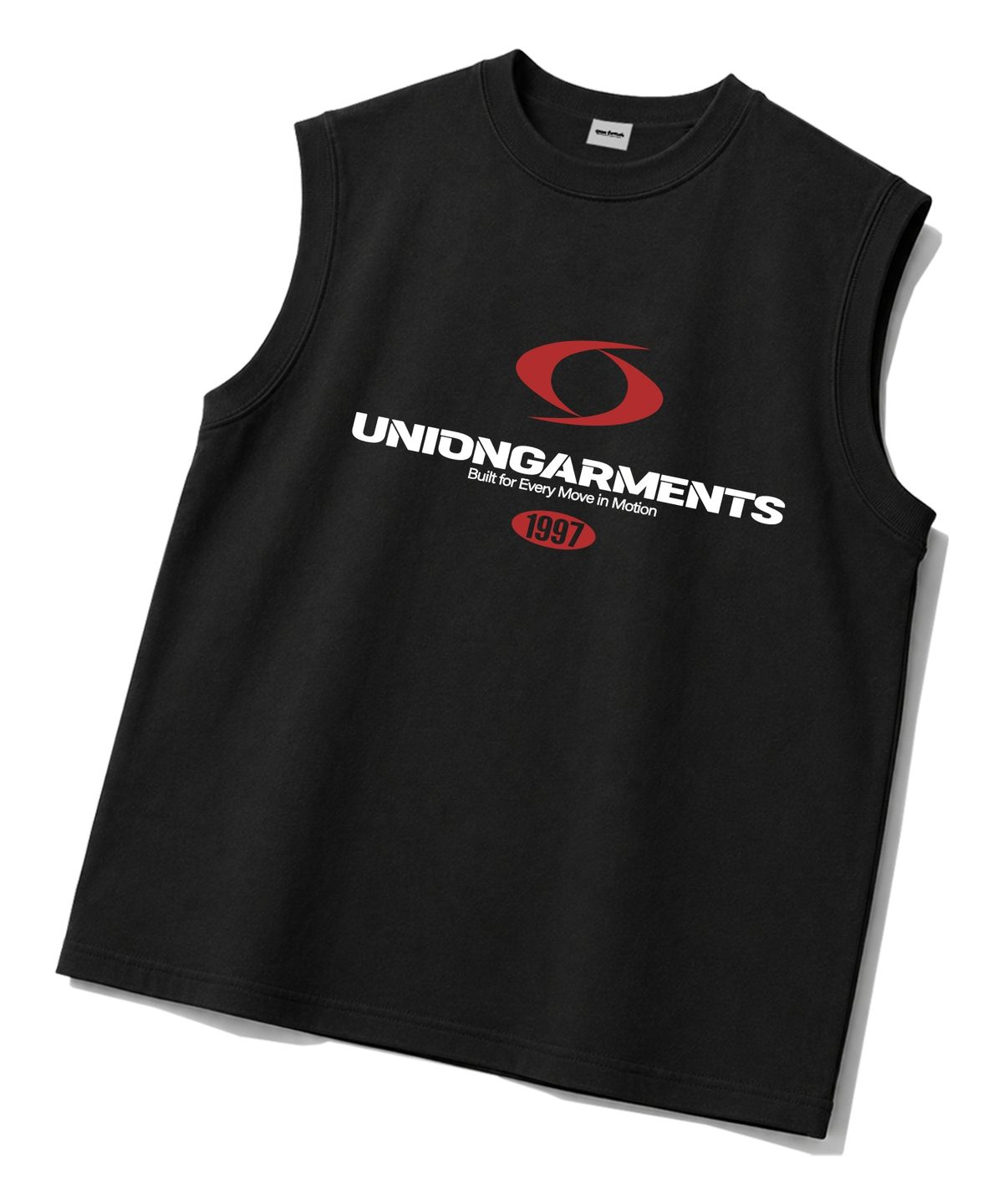 유니온가먼츠(UNION GARMENTS) 엠블럼모션 시보리 오버핏 슬리브리스 나시 티셔츠 블랙