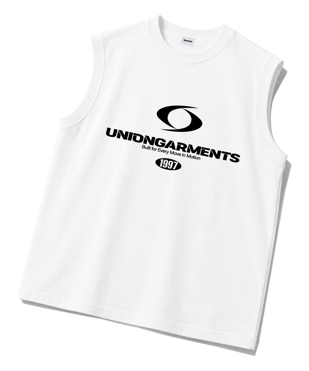 유니온가먼츠(UNION GARMENTS) 엠블럼모션 시보리 오버핏 슬리브리스 나시 티셔츠 화이트