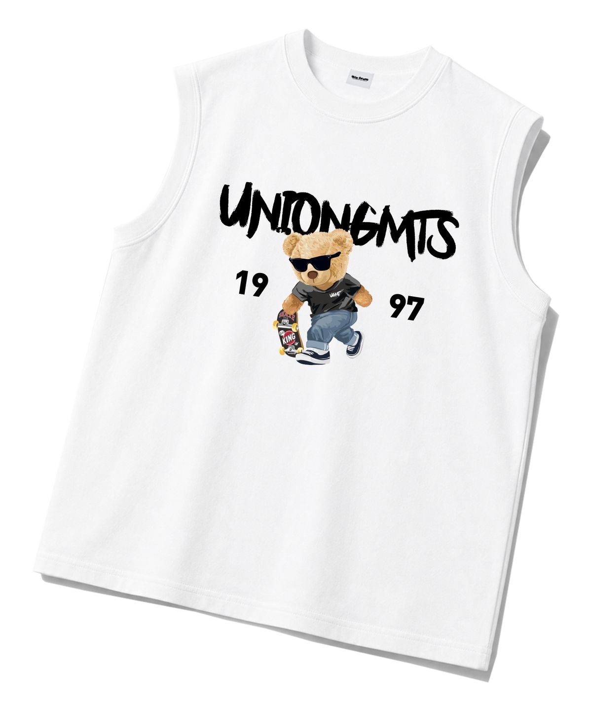유니온가먼츠(UNION GARMENTS) 1997스케이트베어 시보리 오버핏 슬리브리스 나시 티셔츠 화이트